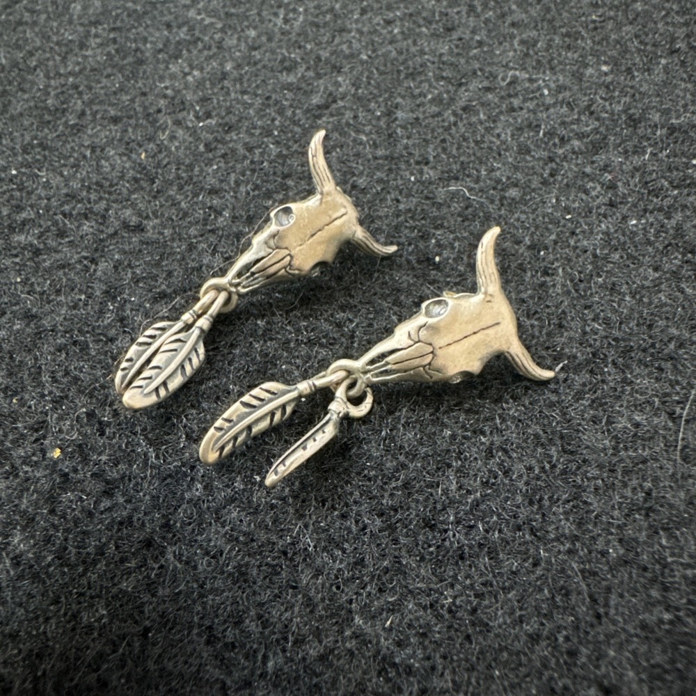 Masha Sabina Native Sterling Silver Bull Skull Earrings with Feather Detail 925